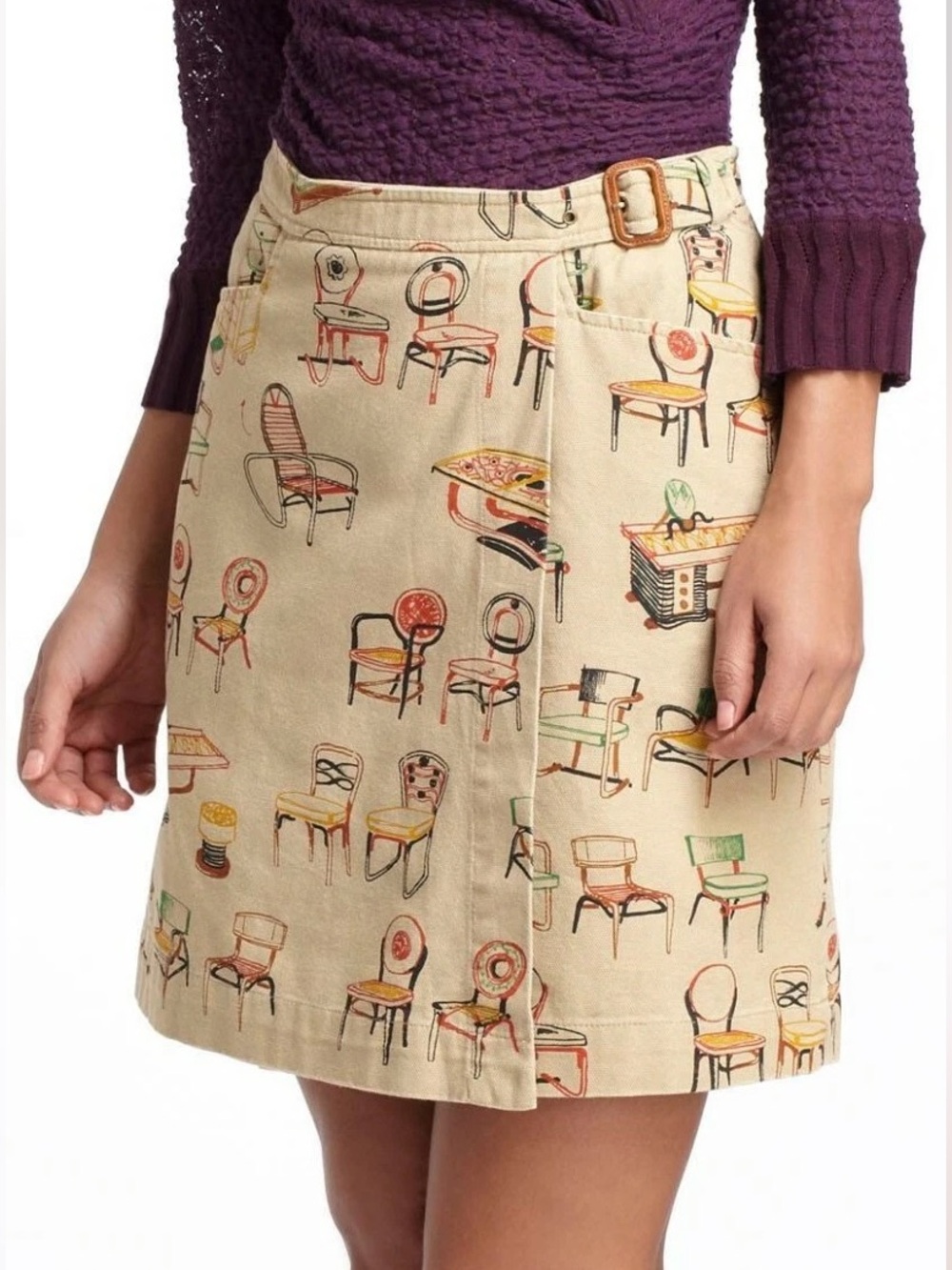 Anthropologie Beige Wrap Mini Skirt with Chair Print. 100% cotton. Size small